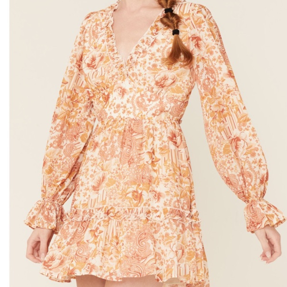 FLYING TOMATO WOMEN'S FLORAL PRINT LONG SLEEVE MINI DRESS L
